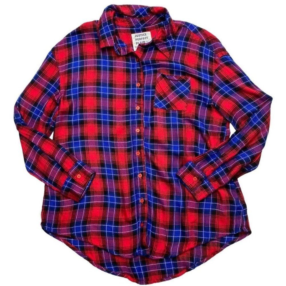 Girls Justice Perfect Plaid Button Down Top Red Blue Plaid Soft sz 18/20